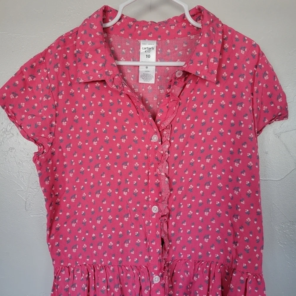 Carter's Kid Girls 10 Pink Dress Dainty Floral Short Sleeve Button Up Collared